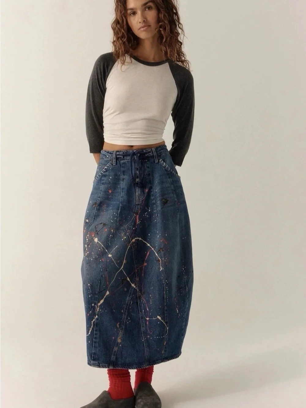 Free People Tricia Fix Maxi Skirt We The Free Stitch Splatter Paint Blue